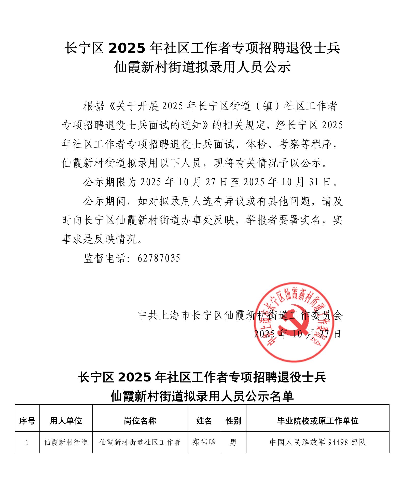 长宁区2025年社区工作者专项招聘退役士兵仙霞新村街道拟录用人员公示.jpg